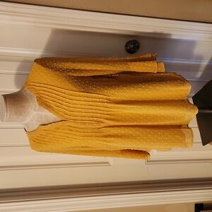 NWT Mustard yellow ruched blouse with bell sleeves and textured polka dots